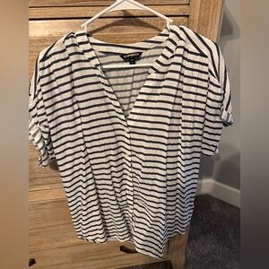 Express White and Navy Striped V-Neck Blouse